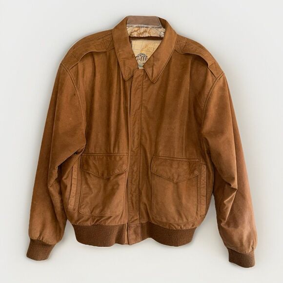 Vintage Global Identity G-III Leather Bomber Jacket Brown Flight Map Mens Large - Picture 1 of 16